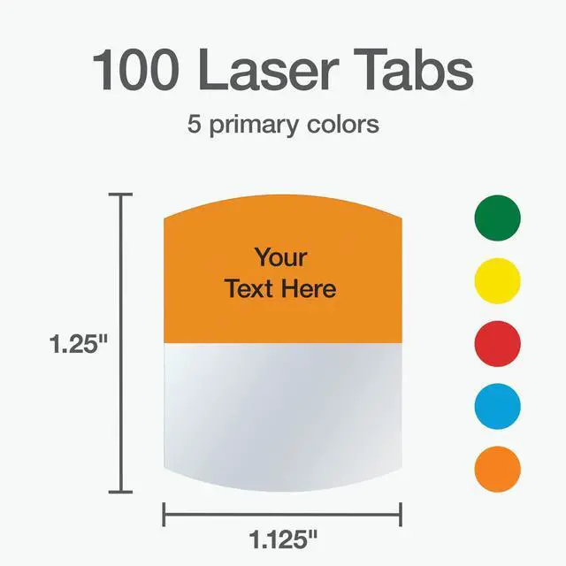 Alt view image 2 of 6 - Laser Printable Tabs, Permanent Index Tabs, Customizable Adhesive Labels, Assorted Primary Colors, 1.125" x 1.25", 100 Per Pack (1006555)