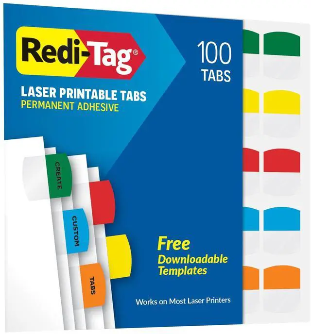 Main image of Laser Printable Tabs, Permanent Index Tabs, Customizable Adhesive Labels, Assorted Primary Colors, 1.125" x 1.25", 100 Per Pack (1006555)