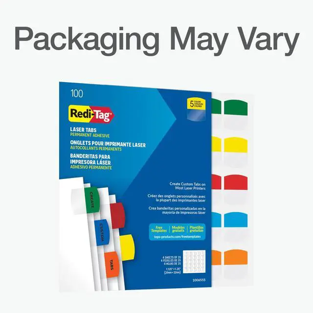 Alt view image 6 of 6 - Laser Printable Tabs, Permanent Index Tabs, Customizable Adhesive Labels, Assorted Primary Colors, 1.125" x 1.25", 100 Per Pack (1006555)