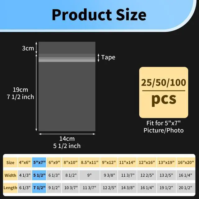 Alt view image 2 of 7 - 5x7 Photo Sleeves - Acid Free 1.57 mil (Single Side) Thick Heavy Duty 5x7 Cellophane Bags Self Adhesive Crystal Clear Plastic Sleeves for Photo Paper Cardstock, 25 Pack