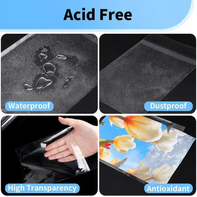 Alt view image 4 of 7 - 5x7 Photo Sleeves - Acid Free 1.57 mil (Single Side) Thick Heavy Duty 5x7 Cellophane Bags Self Adhesive Crystal Clear Plastic Sleeves for Photo Paper Cardstock, 25 Pack