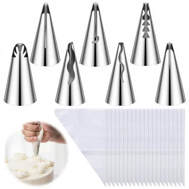 Main image of Frosting Bags and Tips, 7 Pcs Stainless Steel Russian Nozzles Cake Icing Tools with 20 Piping Bags Frosting Pipings Kit for Pastry Fondant Cupcakes Cake Decorating