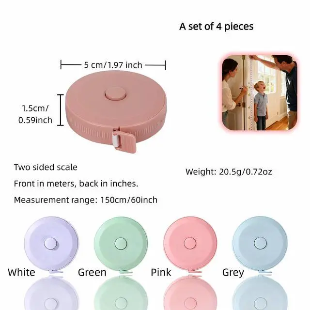 Alt view image 7 of 7 - Measuring Tape Set,4-Pack Soft Tape Measure/Auto-Retracting, 60" 150cm Flexible Sewing Tailor Tape, Body Measuring Tape for Body & Fabric, Dual Scale with Inches & Centimeters