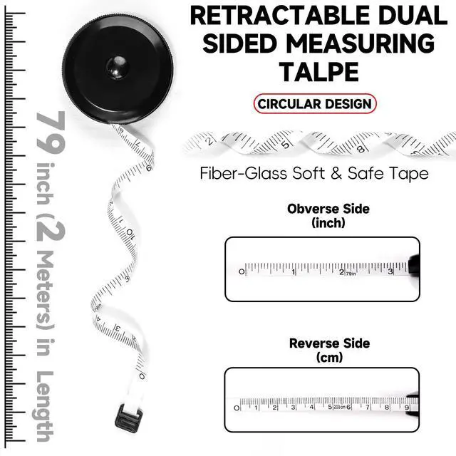 Alt view image 2 of 7 - 1 Pack Soft Tape Measure Retractable Measuring for Body Fabric Sewing Tailor,Black Sewing Tape Measures,Small Push ButtonDouble Scales Rulers 79-inch 2 Meter(Black White)