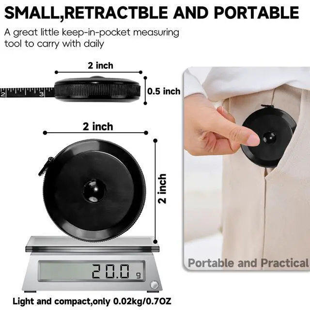 Alt view image 3 of 7 - 1 Pack Soft Tape Measure Retractable Measuring for Body Fabric Sewing Tailor,Black Sewing Tape Measures,Small Push ButtonDouble Scales Rulers 79-inch 2 Meter(Black White)
