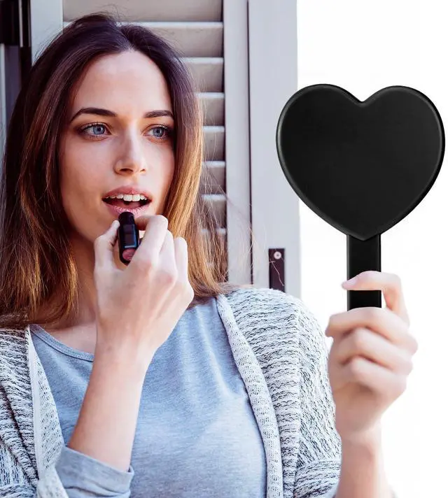 Alt view image 6 of 7 - Heart Shaped Handheld Mirror, Drop-Resistant Small Heart Mirrors with Handle Portable Travel Cosmetic Lash Mirror Hand Mirror for Women Valentine's Day Birthday(Black)