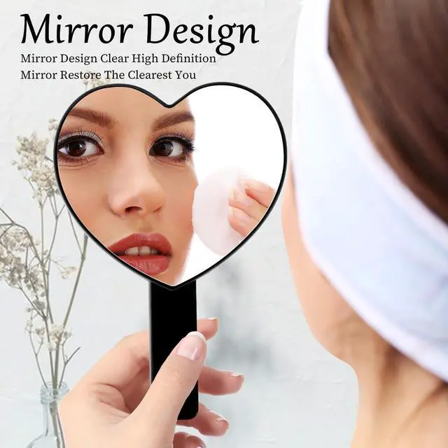 Alt view image 3 of 7 - Heart Shaped Handheld Mirror, Drop-Resistant Small Heart Mirrors with Handle Portable Travel Cosmetic Lash Mirror Hand Mirror for Women Valentine's Day Birthday(Black)