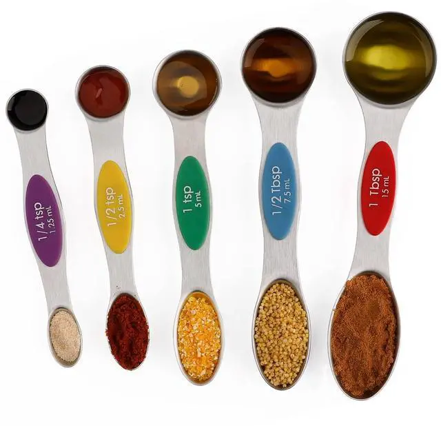 Main image of Magnetic Measuring Spoons Set of 5 Stainless Steel Dual Sided Stackable Teaspoon for Measuring Dry and Liquid Ingredients (Color)