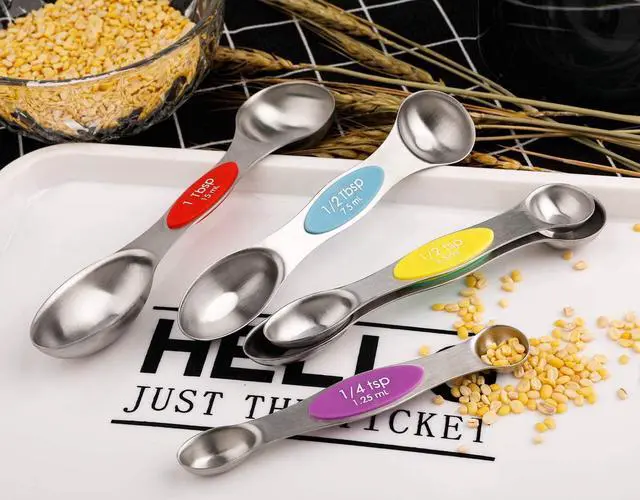 Alt view image 6 of 7 - Magnetic Measuring Spoons Set of 5 Stainless Steel Dual Sided Stackable Teaspoon for Measuring Dry and Liquid Ingredients (Color)