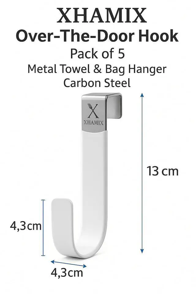 Alt view image 2 of 7 - Over The Door Hooks, 5 Pack Heavy Duty Door Hanger Hooks, Carbon Steel Over Door Hook for Towels, Coats, Bags, Bathroom & Bedroom, No Drill Space Saving Door Hangers, White
