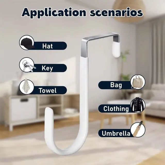 Alt view image 3 of 7 - Over The Door Hooks, 5 Pack Heavy Duty Door Hanger Hooks, Carbon Steel Over Door Hook for Towels, Coats, Bags, Bathroom & Bedroom, No Drill Space Saving Door Hangers, White