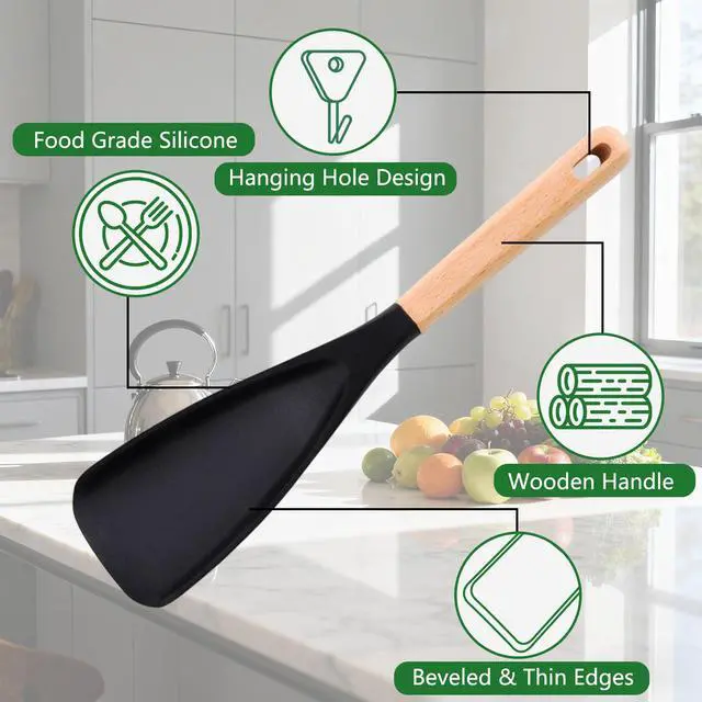 Alt view image 2 of 7 - 2PCS Cedar and Ash Spoonula,Multifunction Spatula Cooking Spoon,Non stick Flat Serving Spoons, Heat Resistant Kitchen Cucharras for Mixing, Stiring, Scooping, Scraping, Bastin (Black)