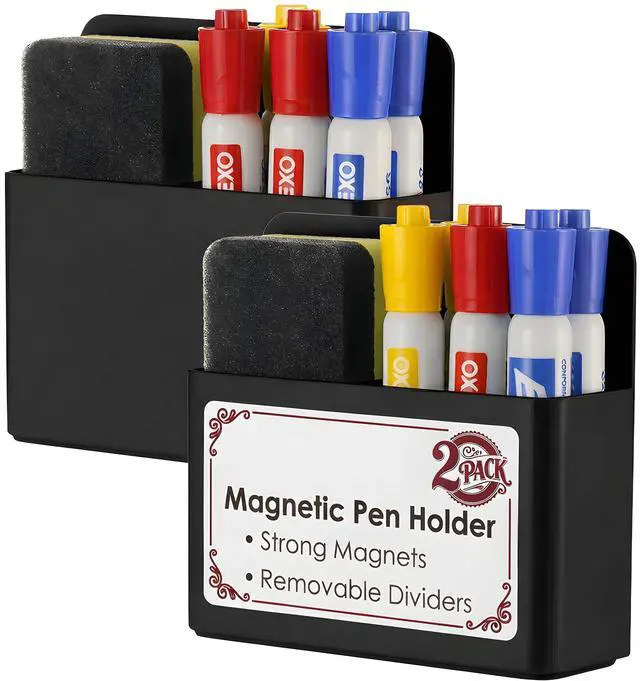 Main image of 2 Pack Magnetic Pen Holder for Refrigerator & Whiteboard, Full-Back Magnet Dry Erase Marker Holder with Adjustable Divider, Magnetic Marker Holder for White Board Office Desk Locker Accessories, Black