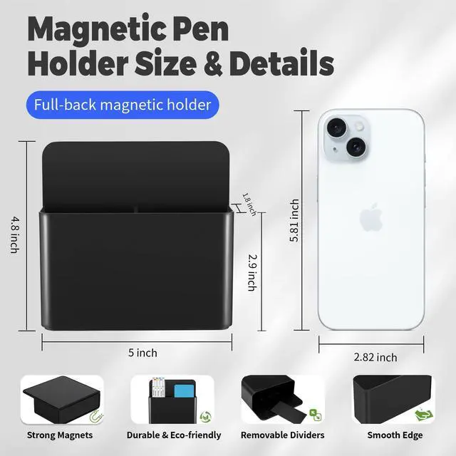 Alt view image 2 of 7 - 2 Pack Magnetic Pen Holder for Refrigerator & Whiteboard, Full-Back Magnet Dry Erase Marker Holder with Adjustable Divider, Magnetic Marker Holder for White Board Office Desk Locker Accessories, Black