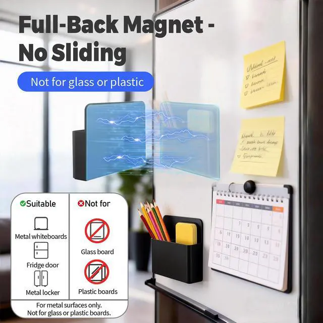 Alt view image 3 of 7 - 2 Pack Magnetic Pen Holder for Refrigerator & Whiteboard, Full-Back Magnet Dry Erase Marker Holder with Adjustable Divider, Magnetic Marker Holder for White Board Office Desk Locker Accessories, Black