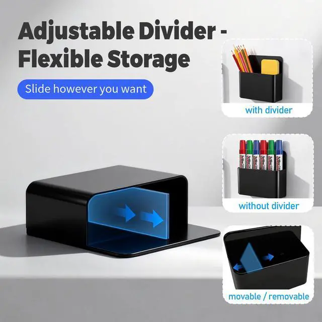 Alt view image 4 of 7 - 2 Pack Magnetic Pen Holder for Refrigerator & Whiteboard, Full-Back Magnet Dry Erase Marker Holder with Adjustable Divider, Magnetic Marker Holder for White Board Office Desk Locker Accessories, Black