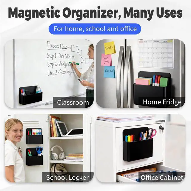 Alt view image 7 of 7 - 2 Pack Magnetic Pen Holder for Refrigerator & Whiteboard, Full-Back Magnet Dry Erase Marker Holder with Adjustable Divider, Magnetic Marker Holder for White Board Office Desk Locker Accessories, Black