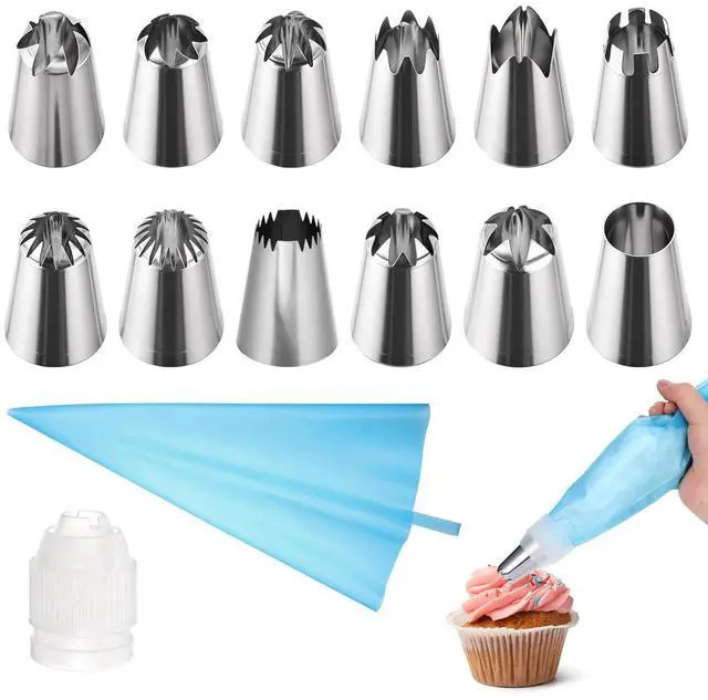 Main image of 14Pcs Large Piping Tips Set, Stainless Steel Icing Nozzles Kit with Reusable Pastry Bag Cake Decorating Tip Set for DIY Pastry Dough, Cookie, Cupcake, Cakes and Baking