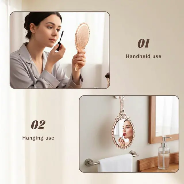 Alt view image 4 of 7 - Vintage Hand Mirror, Portable ABS Vintage Handheld Mirror Rose Gold Embossed Hand Held Mirror Handheld Travel Mirrors for Women Face Makeup Travel Princess Party Favors Gift