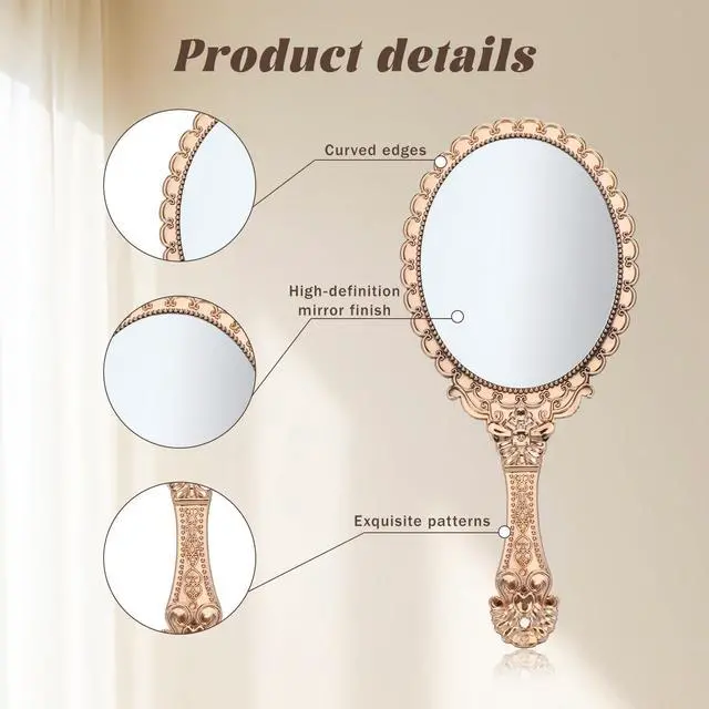 Alt view image 3 of 7 - Vintage Hand Mirror, Portable ABS Vintage Handheld Mirror Rose Gold Embossed Hand Held Mirror Handheld Travel Mirrors for Women Face Makeup Travel Princess Party Favors Gift