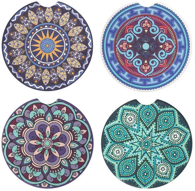 Main image of 4 Pack 2.56" Car Coasters for Drinks Absorbent, Mandala Ceramic Cup Holder Coaster for Your Car with Fingertip Grip, Removable Cute Auto Accessories, Keep Vehicle Clean for Women & Girls