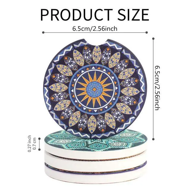 Alt view image 2 of 6 - 4 Pack 2.56" Car Coasters for Drinks Absorbent, Mandala Ceramic Cup Holder Coaster for Your Car with Fingertip Grip, Removable Cute Auto Accessories, Keep Vehicle Clean for Women & Girls