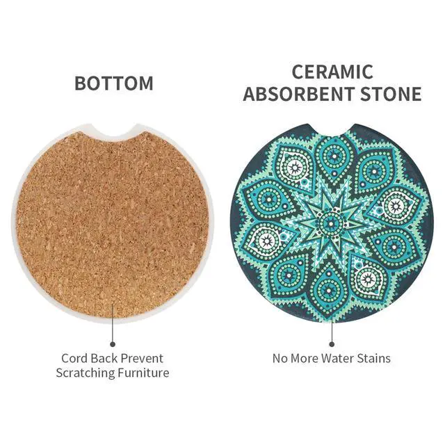Alt view image 3 of 6 - 4 Pack 2.56" Car Coasters for Drinks Absorbent, Mandala Ceramic Cup Holder Coaster for Your Car with Fingertip Grip, Removable Cute Auto Accessories, Keep Vehicle Clean for Women & Girls