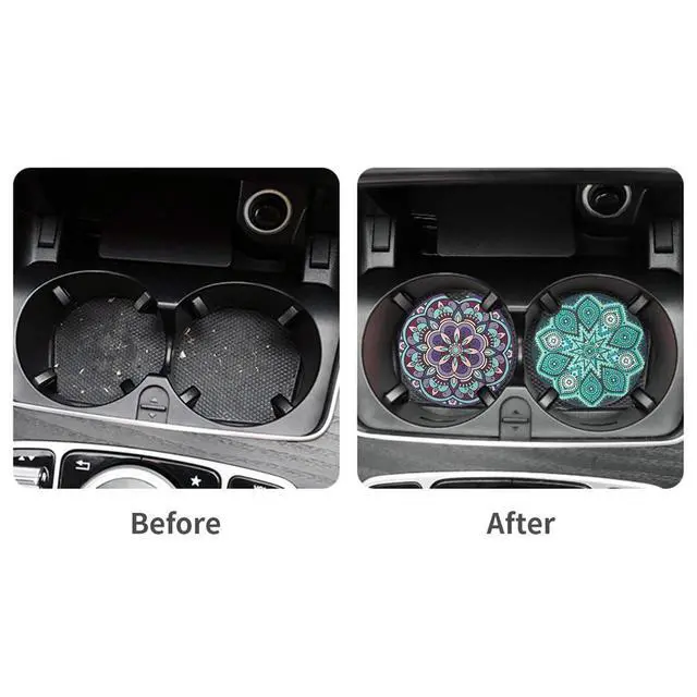 Alt view image 5 of 6 - 4 Pack 2.56" Car Coasters for Drinks Absorbent, Mandala Ceramic Cup Holder Coaster for Your Car with Fingertip Grip, Removable Cute Auto Accessories, Keep Vehicle Clean for Women & Girls