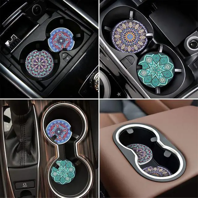 Alt view image 6 of 6 - 4 Pack 2.56" Car Coasters for Drinks Absorbent, Mandala Ceramic Cup Holder Coaster for Your Car with Fingertip Grip, Removable Cute Auto Accessories, Keep Vehicle Clean for Women & Girls