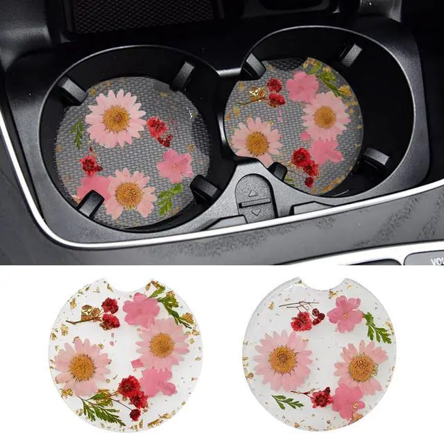 Main image of 2PCS Flower Car Cup Holder Coasters, 2.36 Inch Resin Non-Slip Auto Interior Cupholder Insert Decoration, Cute Natural Floral Drink Coasters Accessories for Women & Men (Pink)