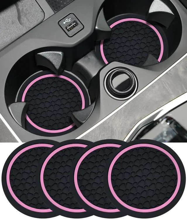 Main image of 4PCS Car Coasters, Car Accessories Interior, 2.75 Inch Non-Slip Cup Holder Coasters for Most Vehicles (Black&Pink)