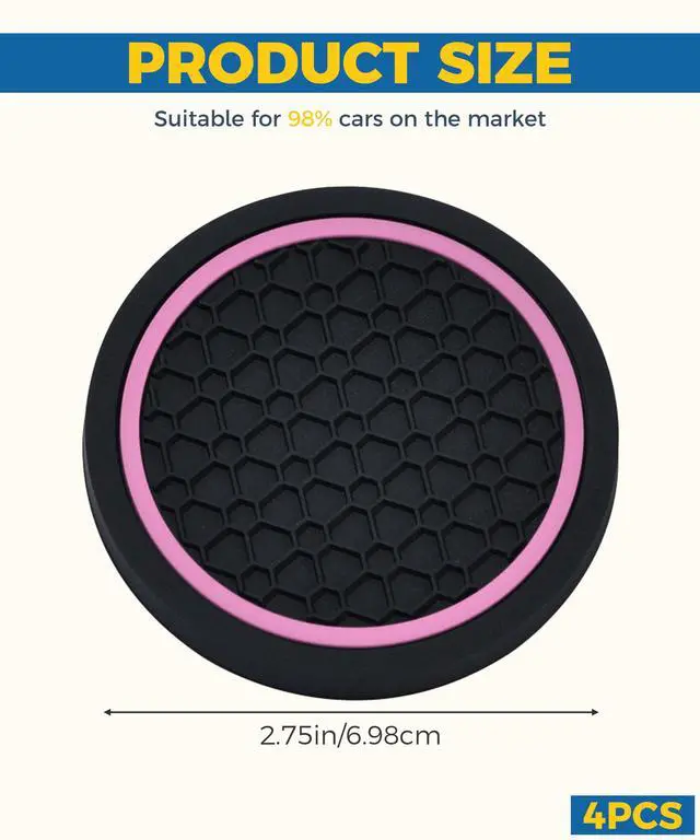 Alt view image 2 of 6 - 4PCS Car Coasters, Car Accessories Interior, 2.75 Inch Non-Slip Cup Holder Coasters for Most Vehicles (Black&Pink)