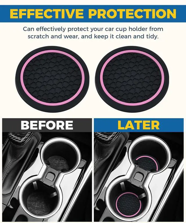 Alt view image 4 of 6 - 4PCS Car Coasters, Car Accessories Interior, 2.75 Inch Non-Slip Cup Holder Coasters for Most Vehicles (Black&Pink)