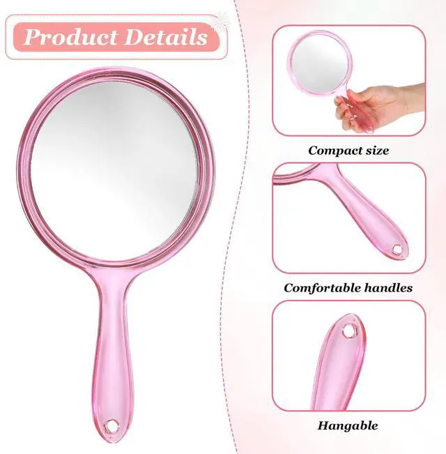Alt view image 2 of 7 - Hand Mirror with Handle, Double-Sided 1X/5X Handheld Magnifying Makeup Mirror for Women Travel Vanity & Salon Face Grooming, Large 8.2"x4.1" - Pink