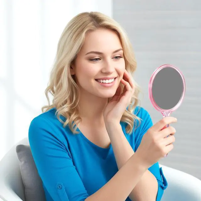 Alt view image 5 of 7 - Hand Mirror with Handle, Double-Sided 1X/5X Handheld Magnifying Makeup Mirror for Women Travel Vanity & Salon Face Grooming, Large 8.2"x4.1" - Pink