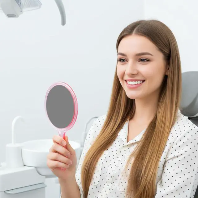 Alt view image 7 of 7 - Hand Mirror with Handle, Double-Sided 1X/5X Handheld Magnifying Makeup Mirror for Women Travel Vanity & Salon Face Grooming, Large 8.2"x4.1" - Pink