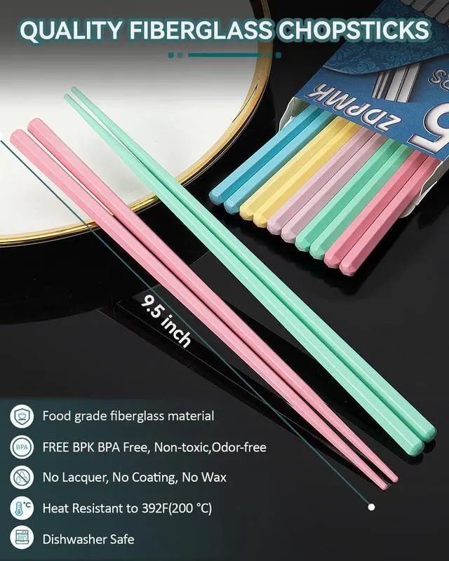 Alt view image 5 of 6 - Fiberglass Chopsticks, 5 Pairs Reusable Chopsticks Dishwasher Safe, Japanese Chinese korean Chop sticks Set, Plastic Chop sticks Reusable for Beginners Adults, 9.5 inch Non-Slip Chop sticks