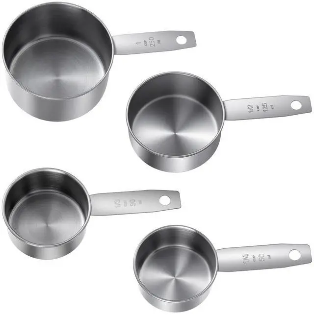 Main image of 4 Pcs Stainless Steel Measuring Cup, 1, 1/2, 1/3, 1/4 Cup - 250, 125, 80, 60ml Metal Measuring Cups Scoop, Comfortable Hand Feeling Measurings Scoops for Coffee Cooking Baking Kitchen, Dishwasher Safe