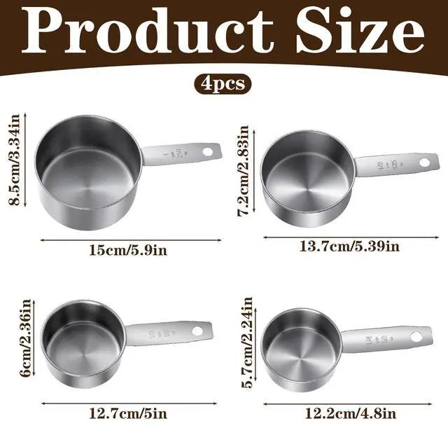 Alt view image 2 of 7 - 4 Pcs Stainless Steel Measuring Cup, 1, 1/2, 1/3, 1/4 Cup - 250, 125, 80, 60ml Metal Measuring Cups Scoop, Comfortable Hand Feeling Measurings Scoops for Coffee Cooking Baking Kitchen, Dishwasher Safe