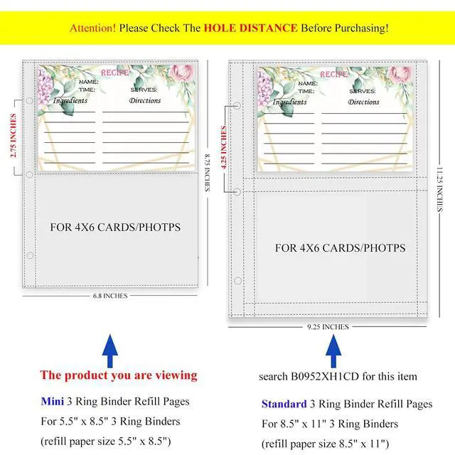 Alt view image 2 of 7 - Recipe Card Page Protectors, Mini Recipe Card Sleeves for 8.5 x 9.5 3-Ring Binder, 2 Pockets Per Page, Recipe Binder Refill Pages (50 PCS, 4x6 Inch Pockets)