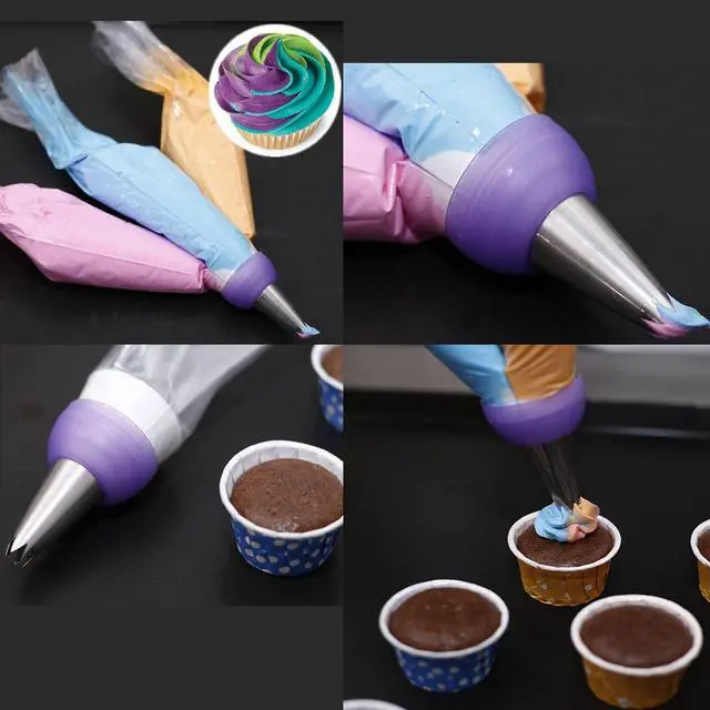 Alt view image 6 of 7 - 2 Pack Piping Bag Couplers Adapter Swirl Twist 3 Color Decorating Kit Tool for Icing Frosting Tips Russian Flower Mouth Nozzles Disposable Reusable Pastry Bags Cake Cupcake