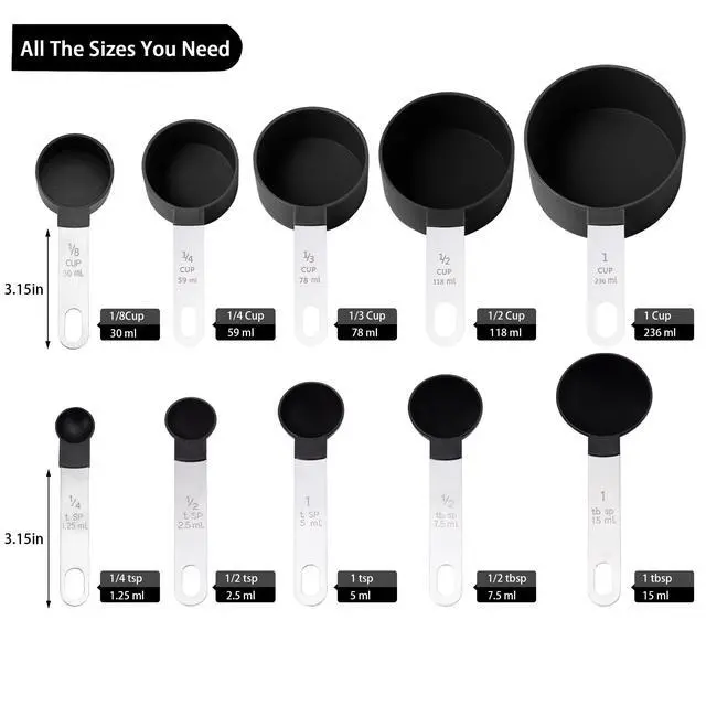Alt view image 2 of 7 - Measuring Cups and Spoons Set of Huygens Kitchen Gadgets 10 Pieces, Stackable Stainless Steel Handle Measuring Cups for Measuring Dry and Liquid Ingredient (Black)
