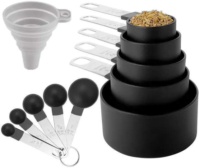 Main image of Measuring Cups and Spoons Set of Huygens Kitchen Gadgets 10 Pieces, Stackable Stainless Steel Handle Measuring Cups for Measuring Dry and Liquid Ingredient (Black)