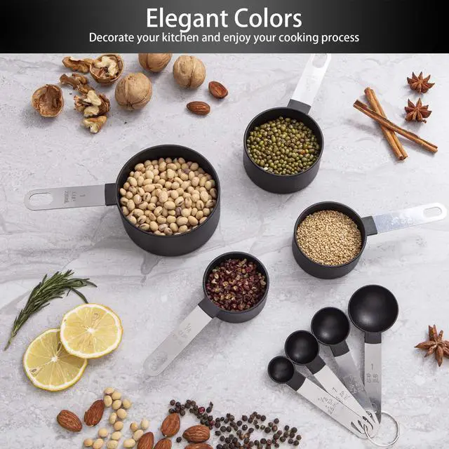 Alt view image 6 of 7 - Measuring Cups and Spoons Set of Huygens Kitchen Gadgets 10 Pieces, Stackable Stainless Steel Handle Measuring Cups for Measuring Dry and Liquid Ingredient (Black)