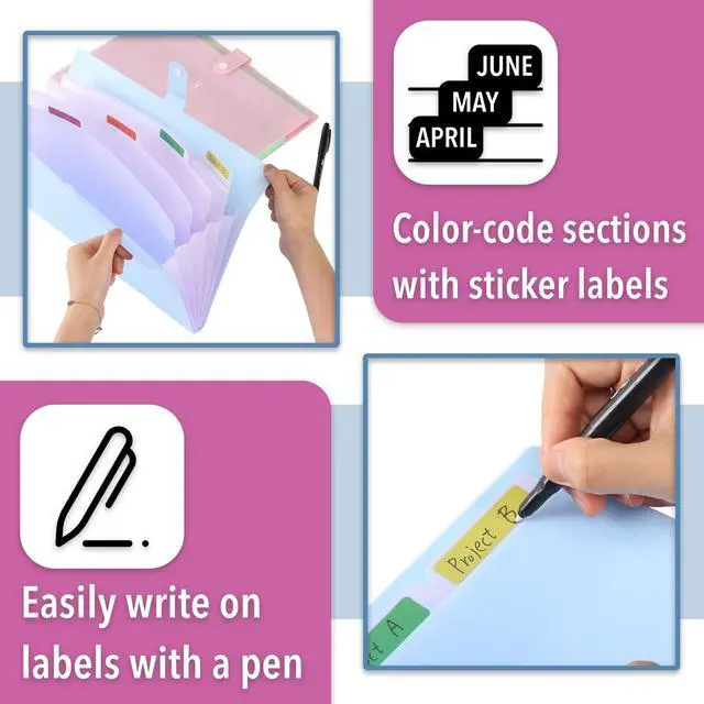 Alt view image 5 of 7 - Expanding File Folder, 2 Pack, 5 Pocket, Accordion Folder with Labels, A4/Letter Size, Waterproof and Tearproof