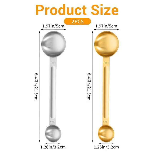 Alt view image 2 of 7 - 2Pcs Double Sided Tablespoon Measuring Spoons, Measuring Spoon Stainless Steel Coffee Scoop Long-Handle 1 Tsp (5ml) & 1 Tbsp (15ml) Dual Measure for Coffee Milk Cooking Baking, Gold & Silver