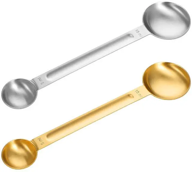 Main image of 2Pcs Double Sided Tablespoon Measuring Spoons, Measuring Spoon Stainless Steel Coffee Scoop Long-Handle 1 Tsp (5ml) & 1 Tbsp (15ml) Dual Measure for Coffee Milk Cooking Baking, Gold & Silver
