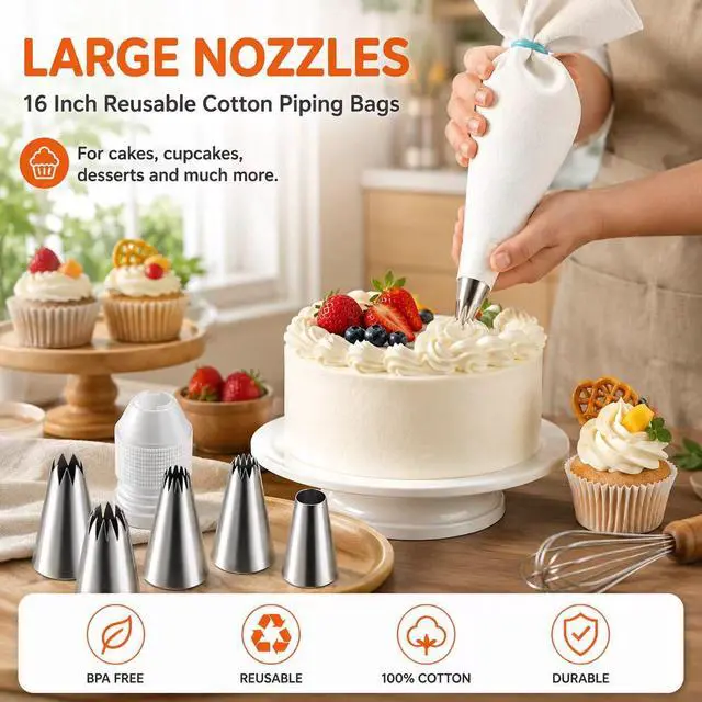 Alt view image 3 of 7 - 17 Pcs Reusable Piping Bags and Tips Set, Professional Cake Decorating Supplies with Standard Couplers and Silicone Rings, Frosting Baking Tools for Cupcake and Cookie Icing Decoration