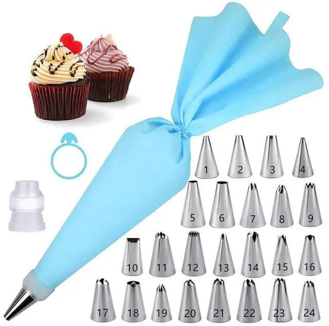 Main image of Piping Bags and Tips Set 27 Piece, 24 Stainless Steel Nozzles with Reusable TPU Piping Bag, Coupler and Silicone Tie, Bag 11.81 x 6.69 in, for Cupcakes Cookies and Filling
