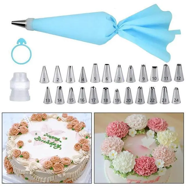 Alt view image 2 of 7 - Piping Bags and Tips Set 27 Piece, 24 Stainless Steel Nozzles with Reusable TPU Piping Bag, Coupler and Silicone Tie, Bag 11.81 x 6.69 in, for Cupcakes Cookies and Filling